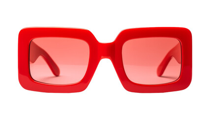 A vibrant pair of red sunglasses gleam against a stark white backdrop