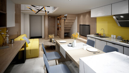 3d render. Modern kitchen interior scene.