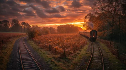Fotobehang Train Journey Through Countryside: An atmospheric photo of a train journey through scenic countryside, emphasizing the romance of travel by rail © Nico