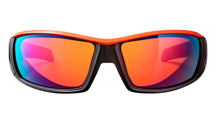 A pair of sleek sunglasses with a vibrant red frame, reflecting the world around them