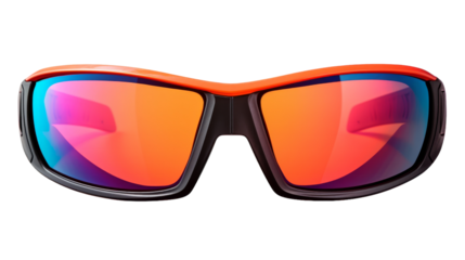 A pair of sleek sunglasses with a vibrant red frame, reflecting the world around them