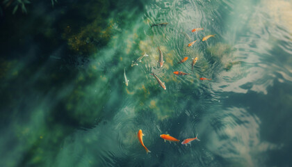 a birdeye view of clean river silky carp swimming - obrazy, fototapety, plakaty