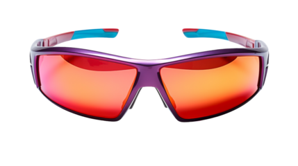 A pair of sunglasses with vibrant red and blue frames resting on a reflective surface