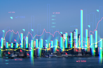 New York City skyline with digital financial graph overlay, colorful light, cityscape and technology concept. Double exposure - obrazy, fototapety, plakaty
