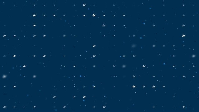 Template animation of evenly spaced dove of peace symbols of different sizes and opacity. Animation of transparency and size. Seamless looped 4k animation on dark blue background with stars