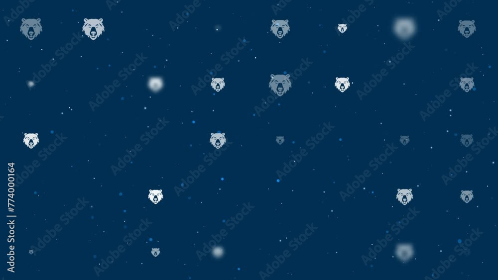 Poster template animation of evenly spaced bear head symbols of different sizes and opacity. animation of t