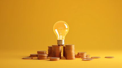 Light bulb and pile of coins on yellow background