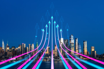 New York skyline with futuristic pink and blue light streams, digital manipulation on evening...