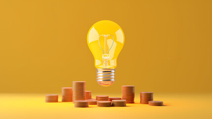 Light bulb and pile of coins on yellow background