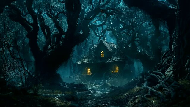 Creepy building without inhabitants in a foggy forest, for horror background. seamless looping 4k time-lapse animation video background