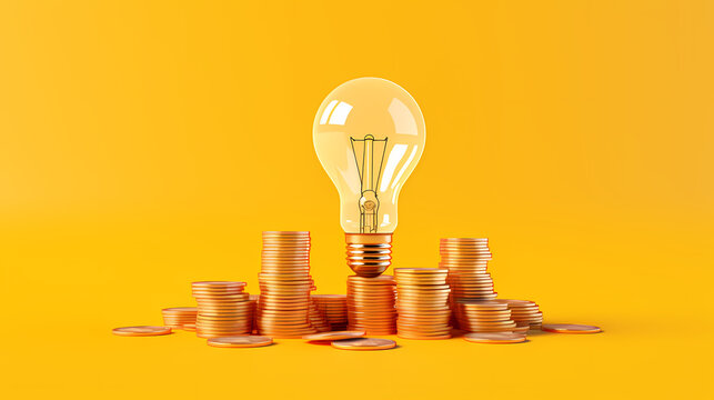 Light bulb and pile of coins on yellow background