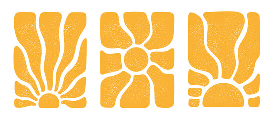 Groovy sunset sun. Yellow textured retro sun. Posters from the 70s and 60s. Hippie style. Summer vintage patterns