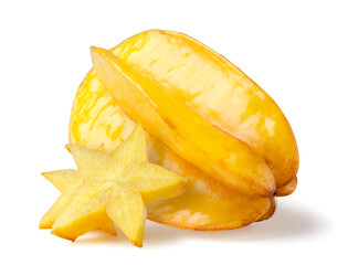 Carambola fruit and star pieces close-up on a white. Isolated