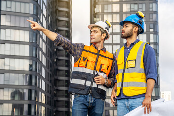 Contractor, Two civil engineers checking information from blueprint with teamwork, project manager planning and collaboration, outdoor construction worker and floor plan for urban development in city