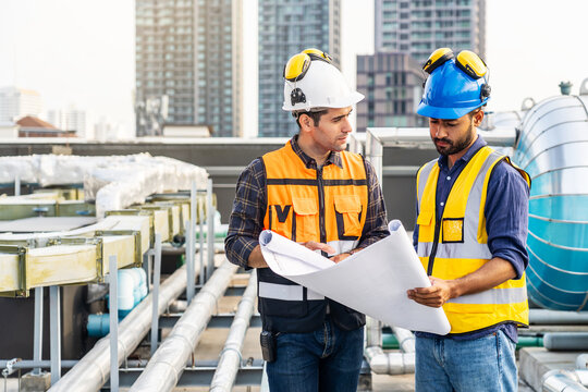 Contractor, Two civil engineers checking information from blueprint with teamwork, project manager planning and collaboration, outdoor construction worker and floor plan for urban development in city