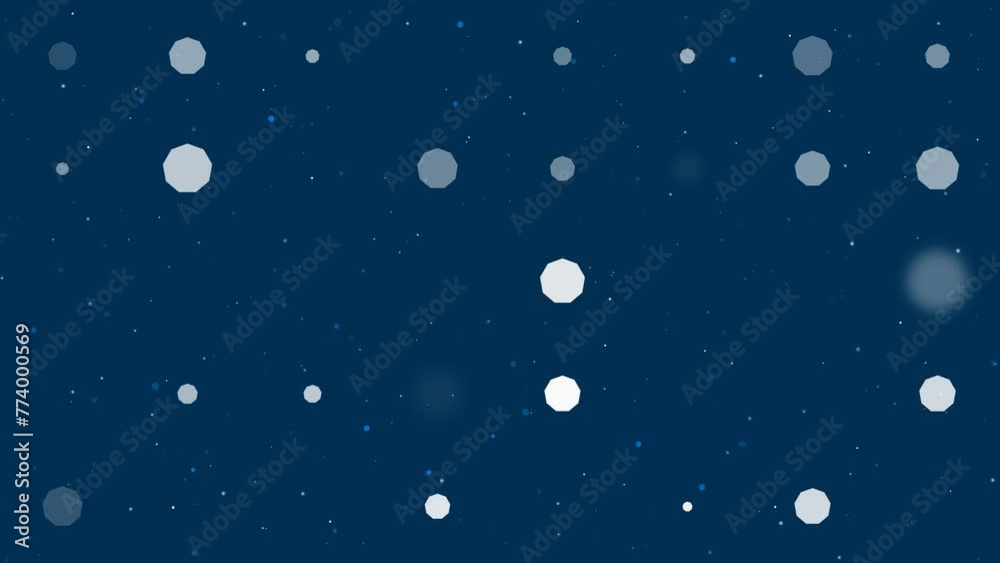 Poster template animation of evenly spaced nonagon symbols of different sizes and opacity. animation of tra