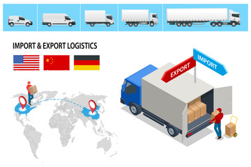Isometric Shipping, Logistic Systems, Cargo transport. Cargo Truck transportation, delivery, boxes. Fast delivery or logistic transport. Delivery and shipping business cargo truck.