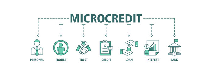 Fototapeta na wymiar Microcredit banner web icon vector illustration concept with icon of personal, profile, trust, credit, loan, interest and bank