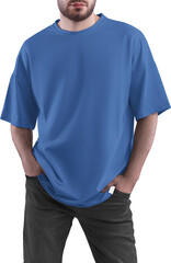 Blue T-shirt mockup on a man PNG, front view