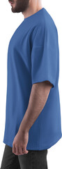 Blue T-shirt mockup on a man PNG, side view