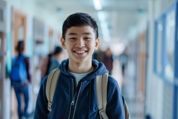 An Asian boy student walking confidently down the hallway of his school, a bright smile on his face. - obrazy, fototapety, plakaty