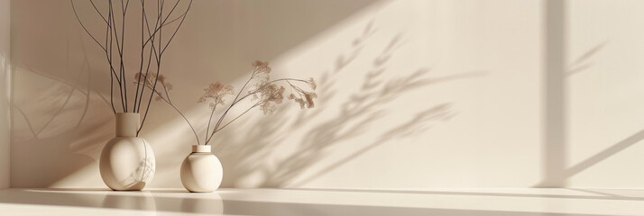 Serene Minimalistic Vases with Dried Plant Shadows on Beige Background