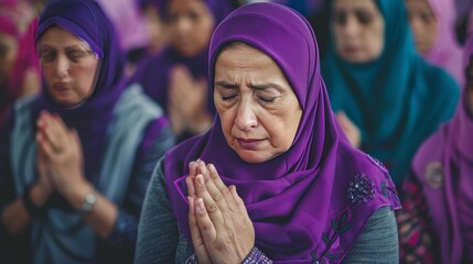 Muslim women wearing purple shirts doing prayer of islam.

