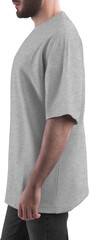 Mockup gray heather T-shirt on a man PNG, side view
