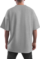 Mockup gray heather T-shirt on a man PNG, view back