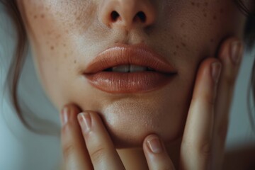 Close-up of woman running fingers along jawline exuding confidence - obrazy, fototapety, plakaty