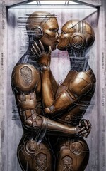 A close up dark fantasy image of a loving humanoid mechanical cyber couple