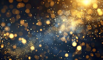 Golden glowing bokeh on a dark blue background. The concept of a sparkling backdrop for a...