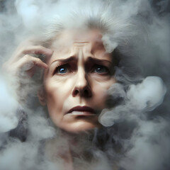 Elderly woman with a worried look. Her face is surrounded by fog, showing confusion.
She expresses nervousness, insecurity, lack of confidence, even fear. Concept of mental health and well-being...