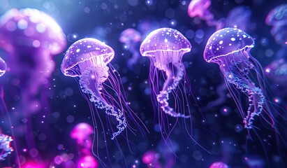 Glowing jellyfish against a dark blue underwater backdrop. The concept of marine life and bioluminescence. - Powered by Adobe