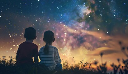 Two children watching the starry sky. The concept of dreams and infinite cosmos.