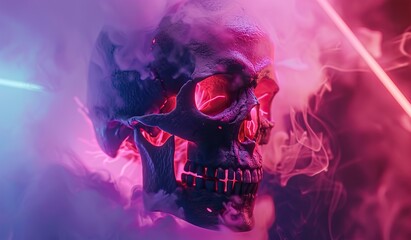 Skull in neon light with smoke. Abstract fantasy and Halloween concept.