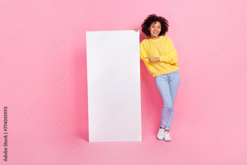 Sticker Full size photo of young girl indicate finger promo select recommend proposition isolated over pink color background