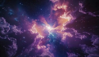 Magnificent cosmic cloud with a bright center and stars on a purple background. The concept of infinity and the power of cosmos. - obrazy, fototapety, plakaty