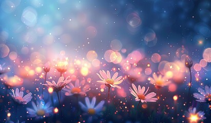 Blooming field with daisies against a shimmering bokeh and lights background. The concept of magic and beauty of nature.