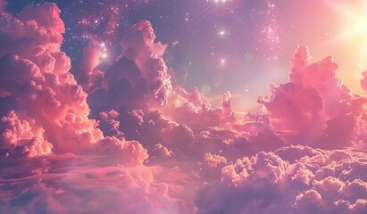 Pink cloud with shining stars and light effects. The concept of tenderness and cosmic fantasy. - obrazy, fototapety, plakaty