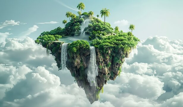 Floating island with greenery and waterfalls among clouds. The concept of a utopian natural sanctuary.