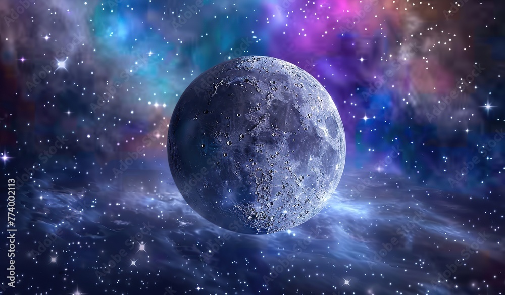 Wall mural blue planetary object against a backdrop of multicolored cosmic nebula. the concept of a cosmic land
