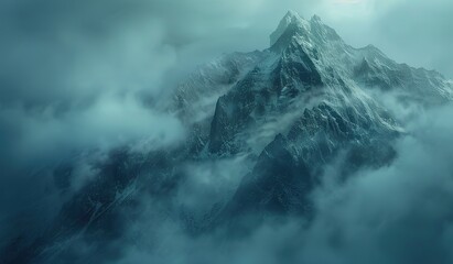Majestic mountains covered in snow and shrouded in clouds. The concept of a majestic mountain landscape. - Powered by Adobe