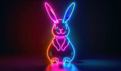 Glowing neon rabbit on a dark background with reflections. The concept of contemporary art.