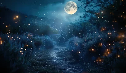 Fotobehang Nighttime forest landscape with fireflies and a full moon. The concept of an enchanting night forest. © volga