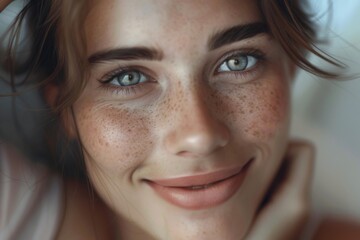 A smiling woman with flawless skin, gently touching her chin while looking directly into the camera.