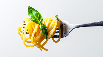 Appetizing spaghetti rolled on fork with basil. Delicious pasta restaurant concept. Light background. Generative AI - obrazy, fototapety, plakaty