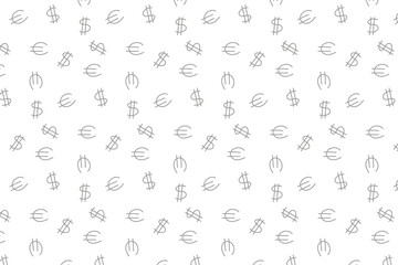 Seamless abstract pattern. Primitive drawing of dollar and euro. Fantasy ornament. Light gray on a white background. Flyer design, advertising background, fabric, clothing.