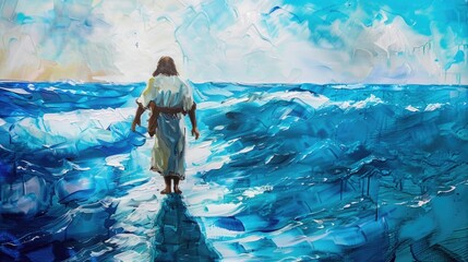 Acrylic painting of Jesus walking on water, serene and powerful - obrazy, fototapety, plakaty