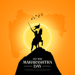 Maharashtra map vector and Shivaji Maharaj silhouette vector banner design for happy Maharashtra day on 1st May.